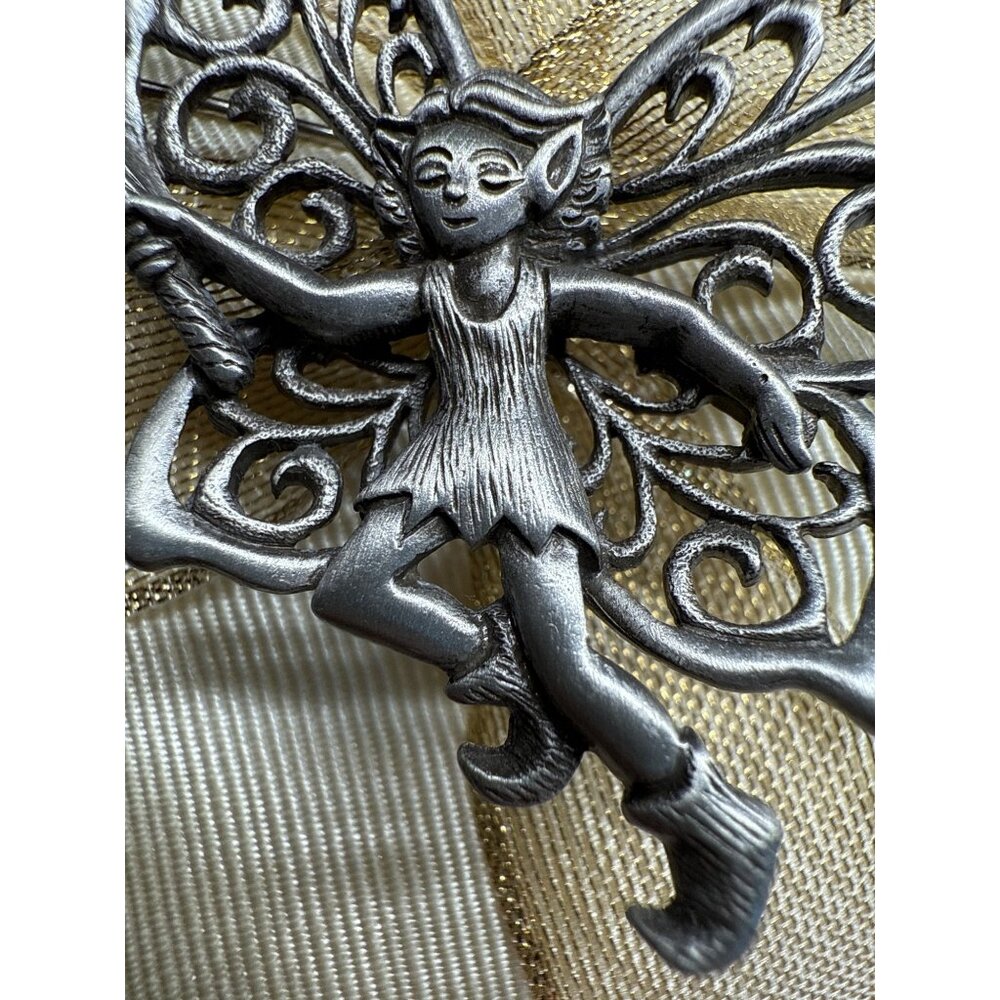 Vintage JJ Elf Fairy Brooch  Wings & Wand Antique Silver Look Star Gem Accent